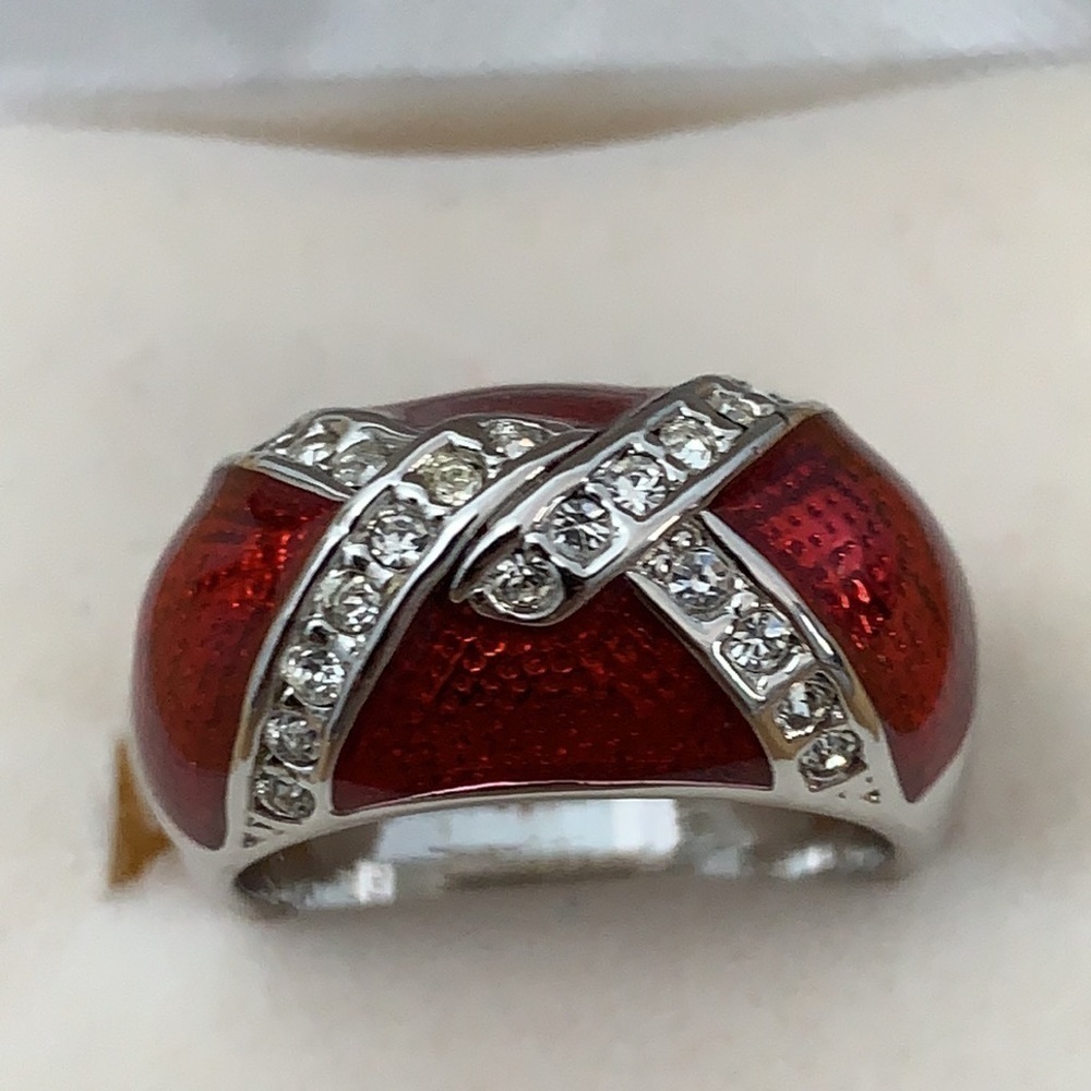 Tara Vanessa | Silver Tone Painted Red Enamel CZ Fashion Dome Ring NIB - Picture 3 of 10